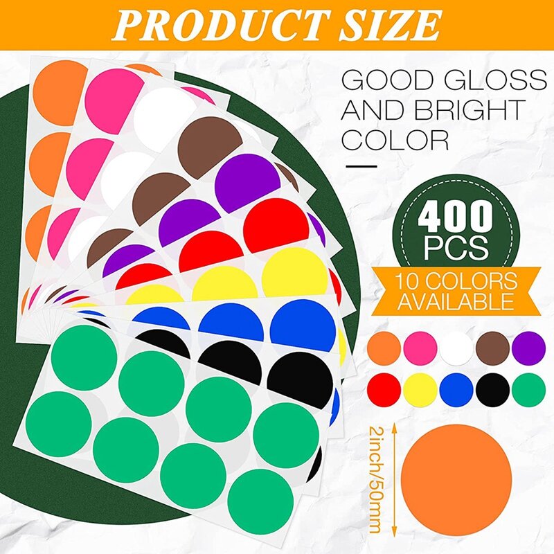 2 Inch Round Color Coding Sticker 10 Assorted Colors Circle Dot Labels Self-Adhesive Colored Solid Color Sticker(400)