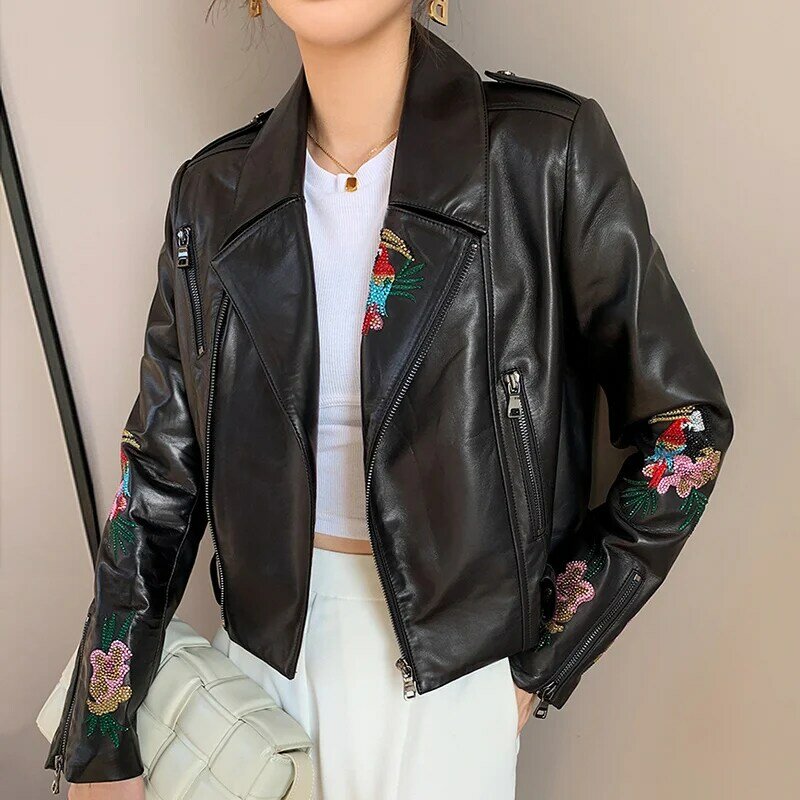 Slim Cropped Sheepskin Coat Women Personality Embroidery Genuine Leather Motorcycle Biker Jacket Female Streetwear Clothing