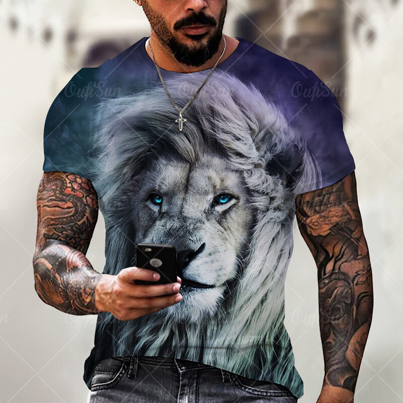 여름 남자 티셔츠 사자 동물 패턴 캐주얼 반팔 라운드 넥 대형 셔츠, 2022 패션 남자 티셔츠 3d 인쇄 옷