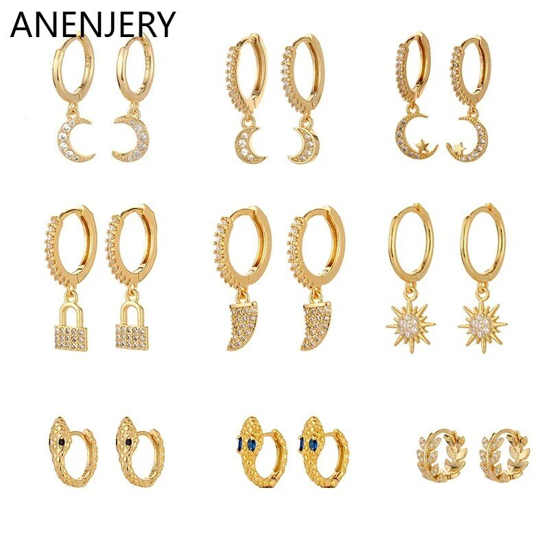 ANENJERY Ins Lock Star geometria Hoop kolczyki dla kobiet kryształowe kolczyki metalowe kolczyki Huggie biżuteria Aros