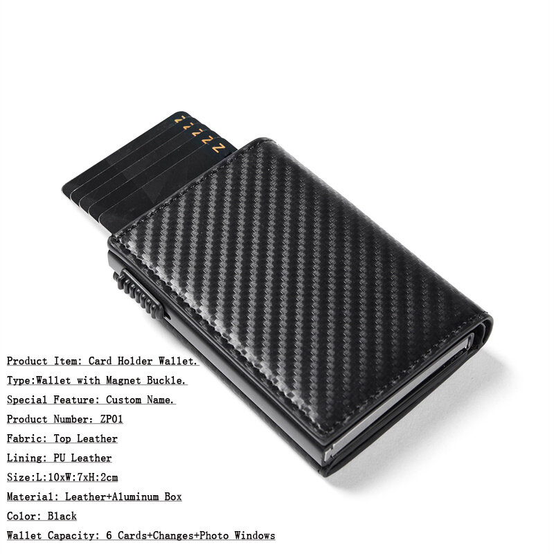 Tarjetero personalizado para hombre, billetera de cuero de fibra de carbono negra Rfid, Mini billetera de regalo para hombre, Carteira Masculina personalizada