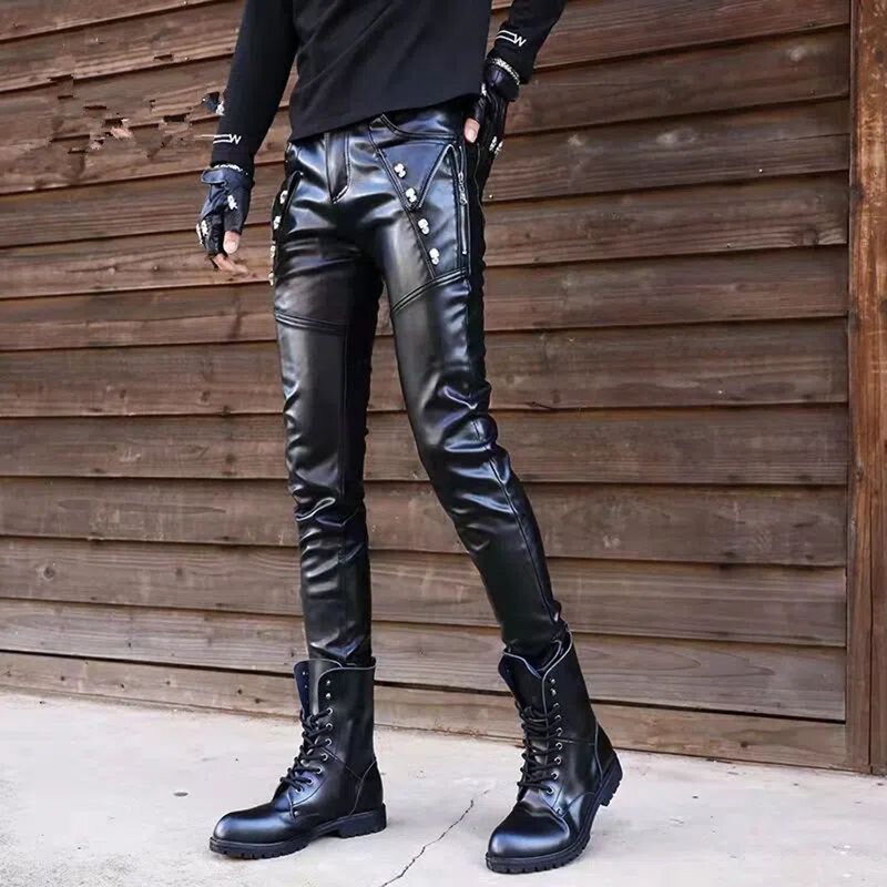 Men Pu Leather Pants Personality Trousers Zipper Motorcycle Streetwear Punk Hiphop Trousers Gothic Biker Slim Fit