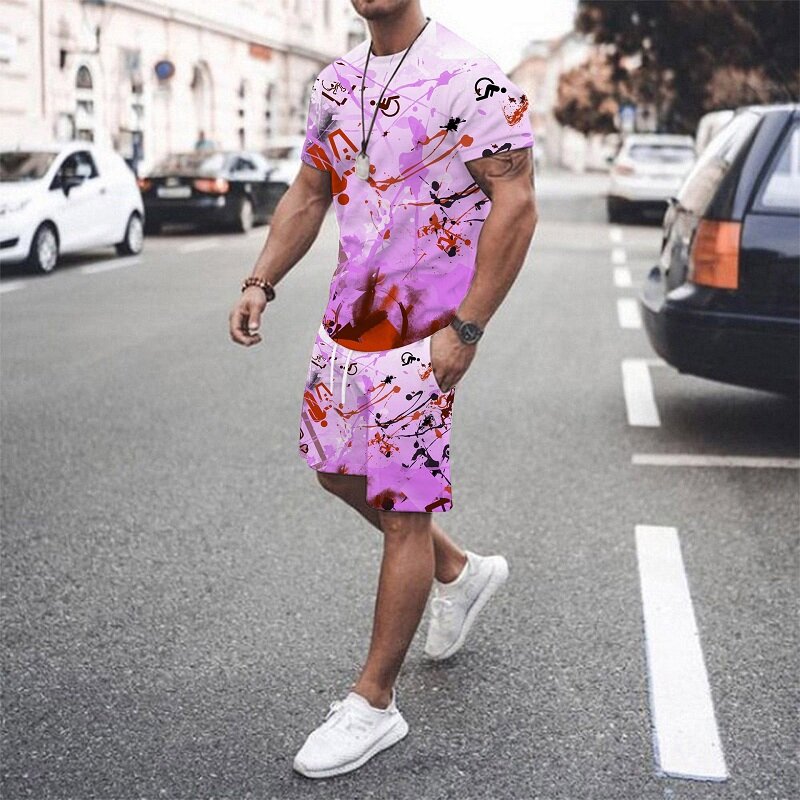 Novos conjuntos de agasalho padrões geométricos esportes jogging 3d impresso respirável harajuku ternos t shirt roupas esportivas dos homens verão