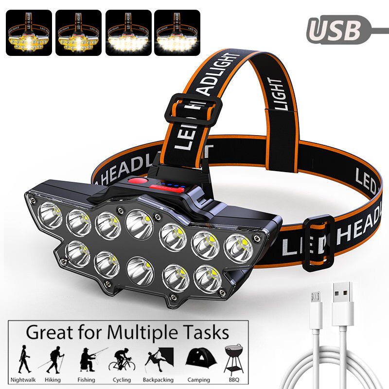 Linterna frontal de luz LED con batería integrada para pesca nocturna, linterna resistente al agua con carga USB, lámpara de servicio para coche, 12 LED