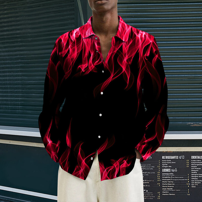 Camisa de manga larga con estampado de llama para hombre, camisa de primavera y otoño, novedad de 2023