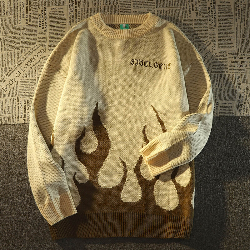 Женский и мужской свитер в стиле хип-хоп, винтажный вязаный свитер в стиле Харадзюку, пуловер с принтом пламени и длинными рукавами, Осень-зи...