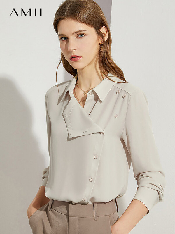 Amii minimalismo outono chiffon camisa para as mulheres moda turndown colarinho assimétrico fino blusa senhora do escritório feminino topos 12230407