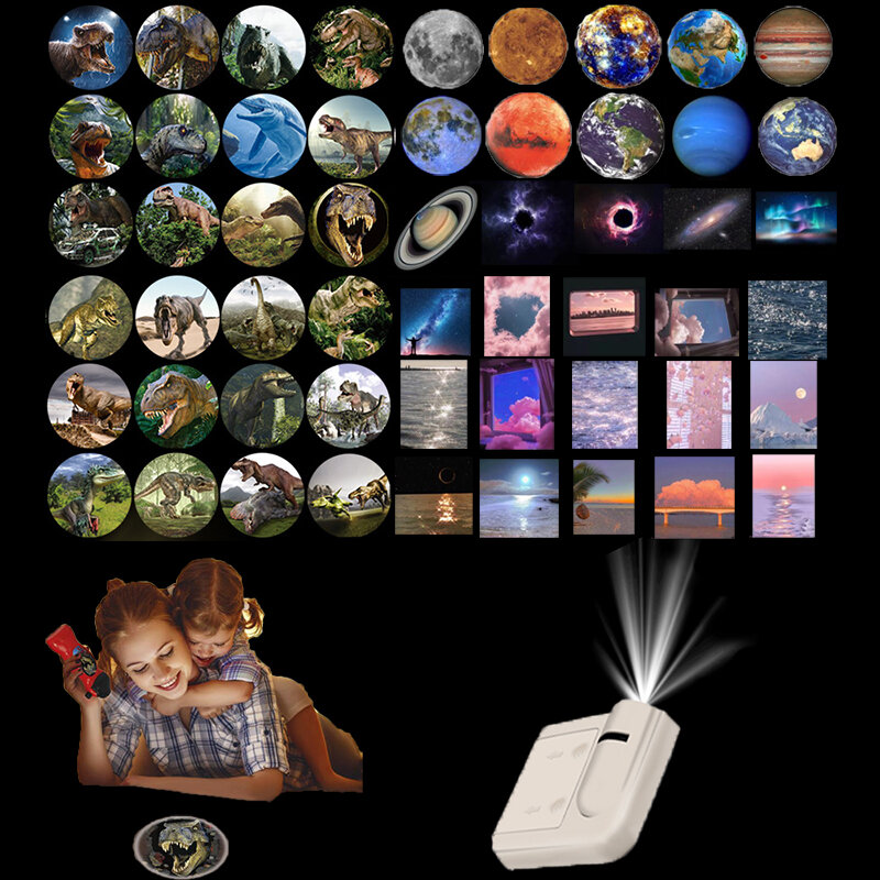 Lampe de projection Aurora Moon Galaxy pour enfants, budgétaire de lampe de poche dinosaure, 24 types, cadeaux de Noël, accessoires de prise de vue