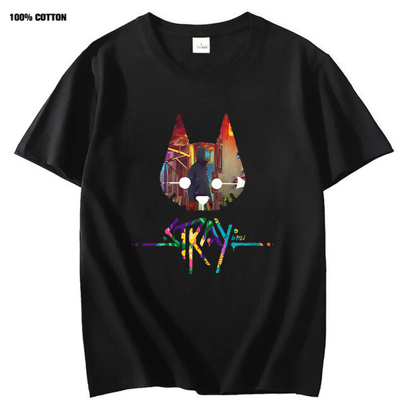 T-shirt manches courtes homme, Streetwear, décontracté, 100% coton, avec image de chat Stray Game, Harajuku