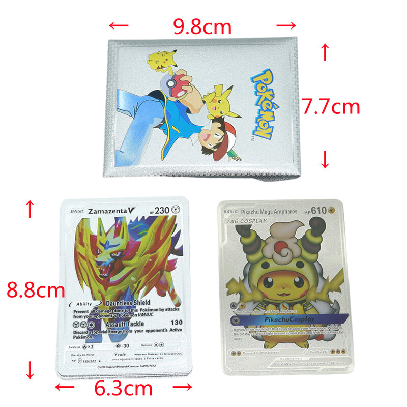 Pokemon Kartu Inggris Spanyol Charizard Pikachu Collection Battle Trainer 1 Logam + 10 Emas Perak Kotak Kartu Hadiah Imitasi Mainan