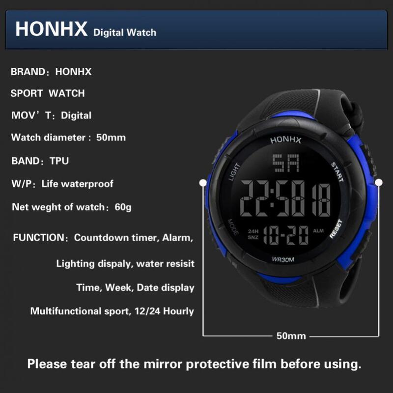 Jam tangan olahraga pria, jam tangan Digital olahraga elektronik layar besar multi-fungsi Stopwatch Alarm kebugaran tampilan lampu LED