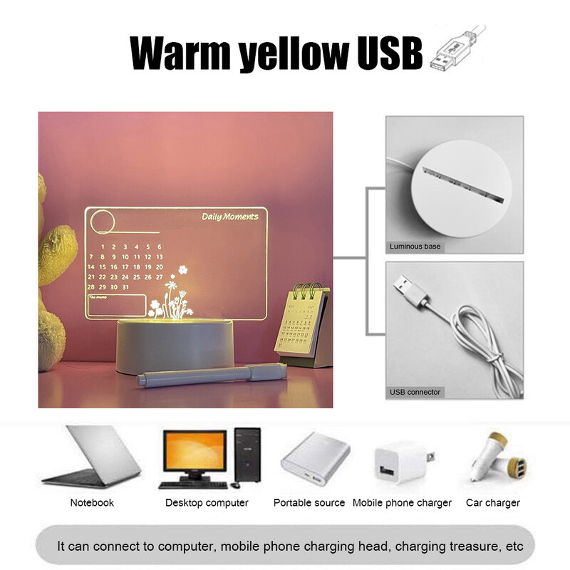 DIY USB เกาหลีโปร่งใสอะคริลิค Notepad Wordpad พร้อมปากกา Note To Do List Luminous Night Light