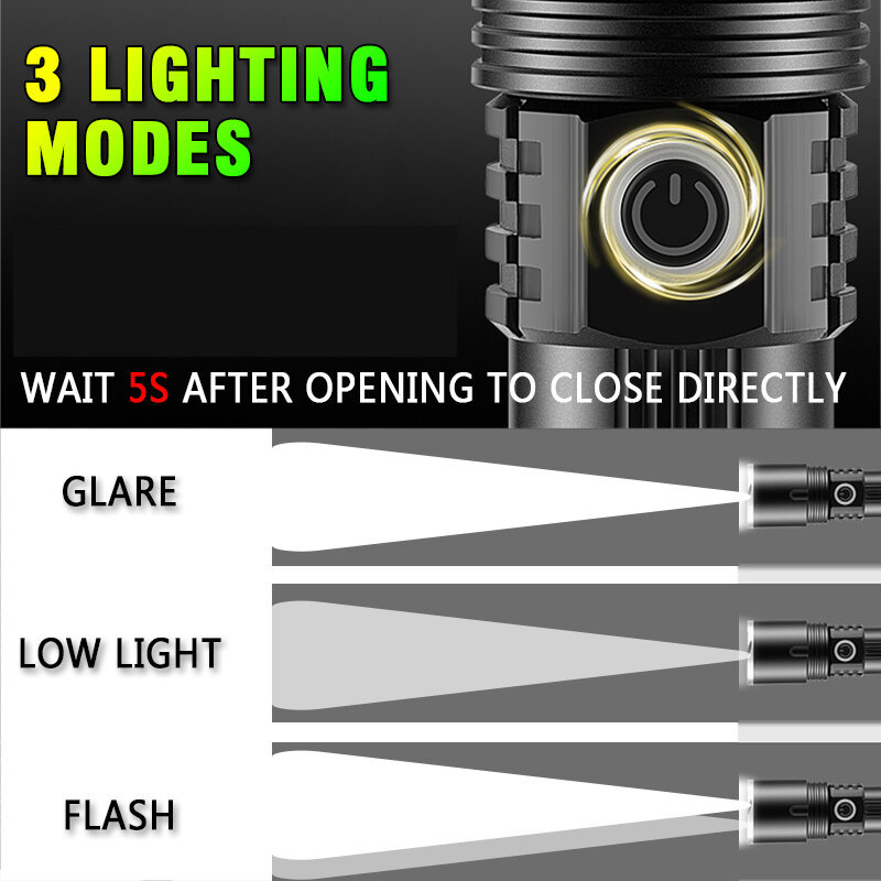 XHP50 Flashlight USB Rechargeable Zoom Torch Super Powerful Flashlight Tactical Torch Zoom Waterproof Lamp Use 26650 Battery