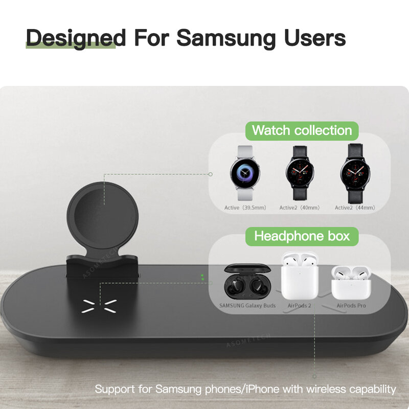 Cargador inalámbrico 3 en 1 para Samsung Galaxy Watch Active, cargador de teléfono inalámbrico QI de 10W para iPhone y Samsung