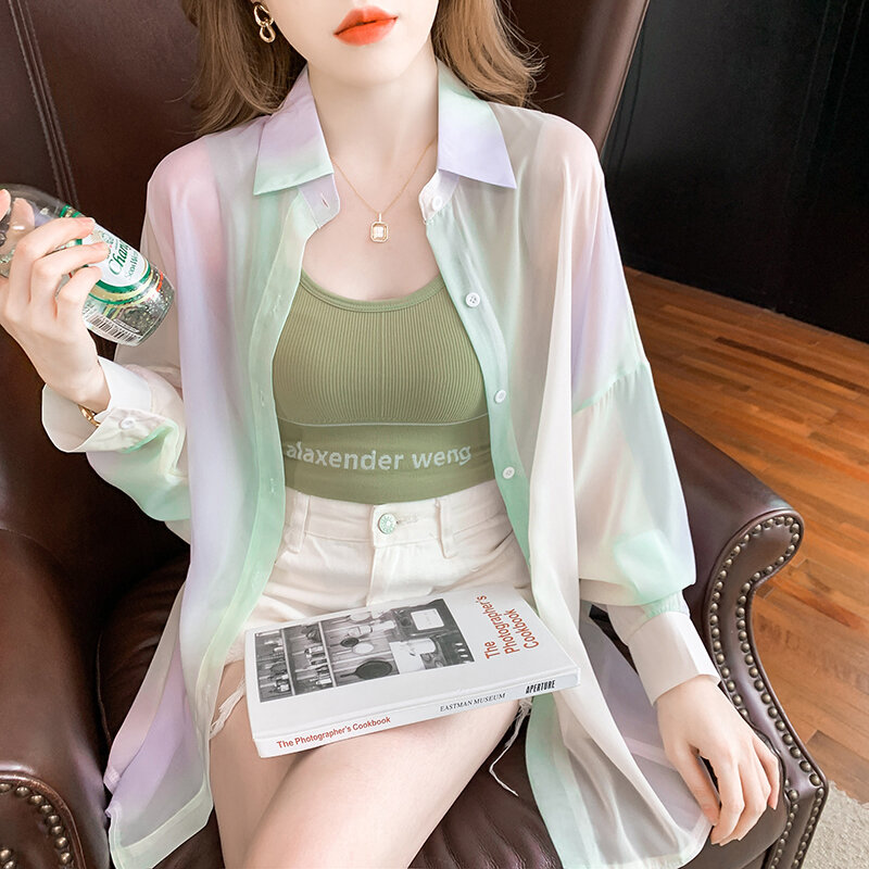 Novo verão moda feminina arco-íris luz ultra-fino protetor solar roupas solto joker manga longa camisa 890g,330-1