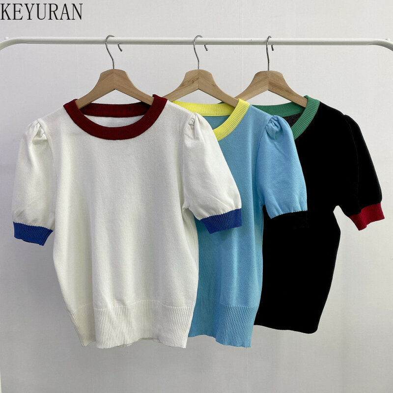 Женский трикотажный свитер с пышными короткими рукавами, Повседневная тонкая облегающая футболка популярного цвета с круглым вырезом в Корейском стиле, лето 2022