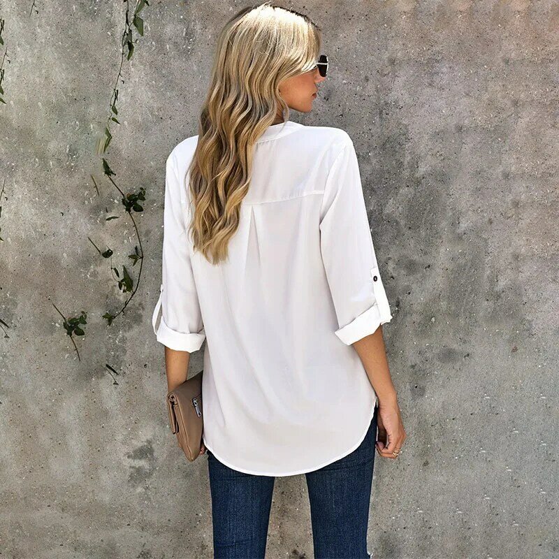 European and American Long-Sleeved Shirt Women's Spring and Summer New Solid Color and V-neck Loose Women's Shirt