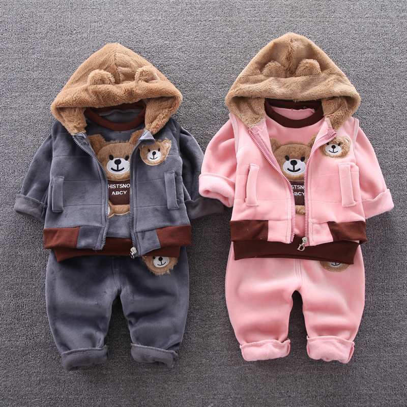 Crianças roupas para o bebê meninos e meninas conjunto de roupas com capuz outerwear topos calças 3 pçs outfits velo crianças criança quente terno
