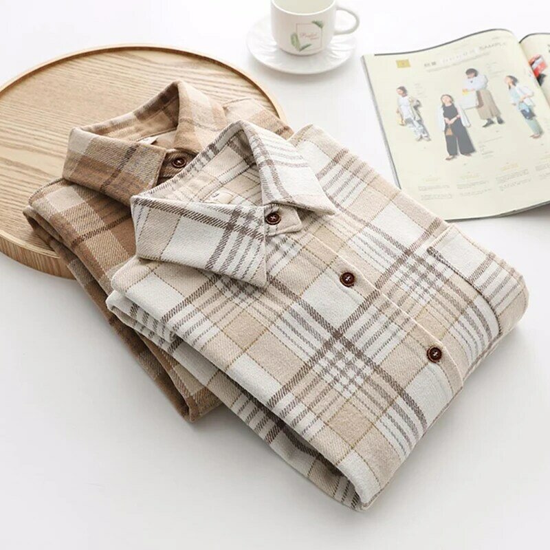 Jmprs-女性用のレトロなチェックシャツ,女性用の特大の長袖ボタン,韓国のファッション,ポケット,折り返しの襟