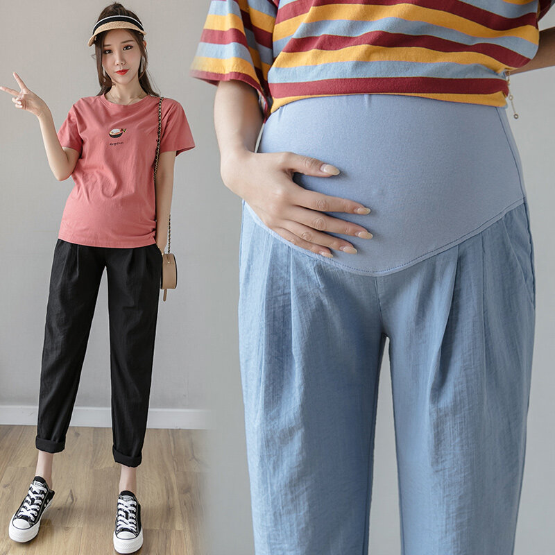 3128# Summer Thin Cotton Linen Maternity Pants Belly Casual Straight Loose Pants Clothes for Pregnant Women Pregnancy Trousers