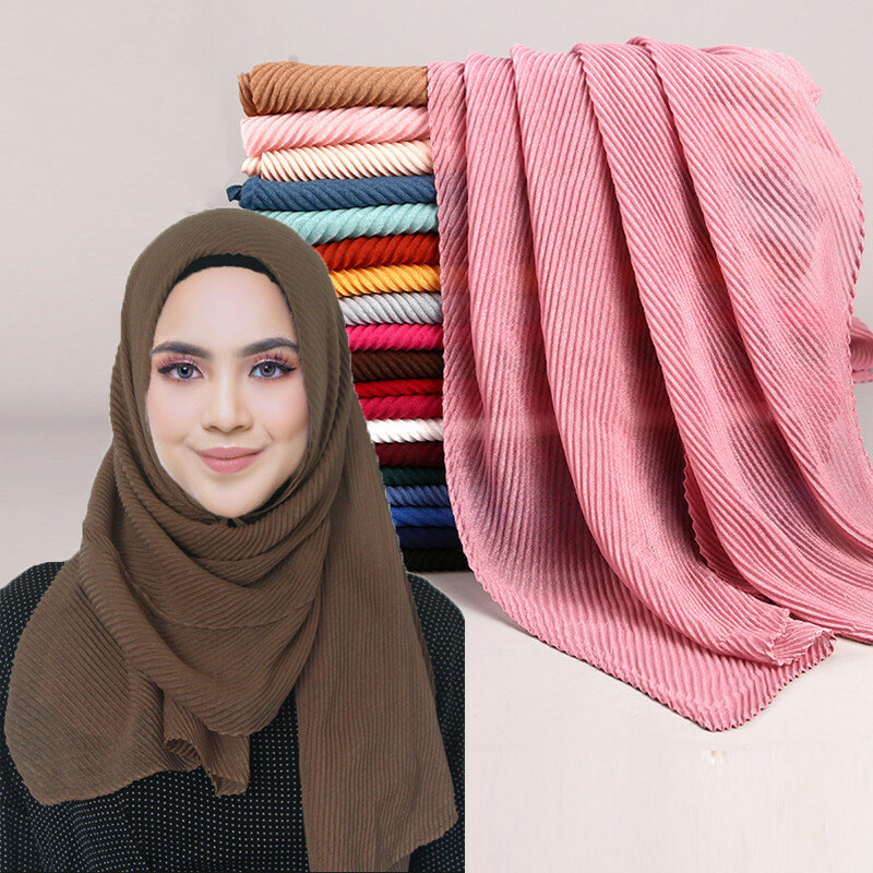 Nữ Xếp Ly Nhăn Cotton Hijab Khăn Hồi Giáo Đồng Bằng Đầu Bọc Chân Nhăn Khăn Mềm Mại Hồi Giáo Khăn Trùm Đầu Kích Thước Lớn