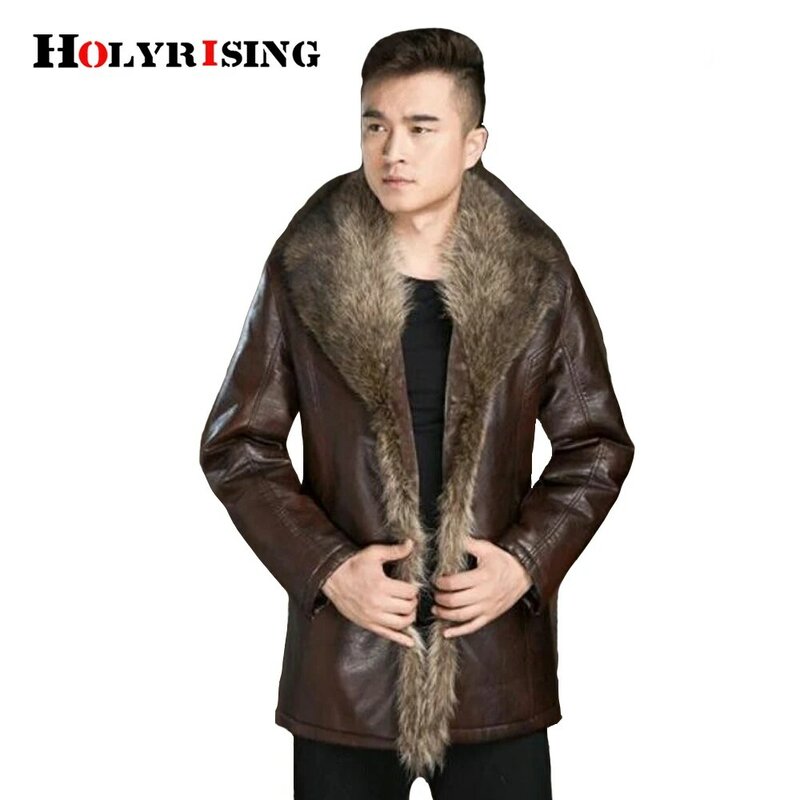 Jaqueta de couro PU masculina, casaco grosso quente, gola de pele de guaxinim, nova moda inverno, NZ417