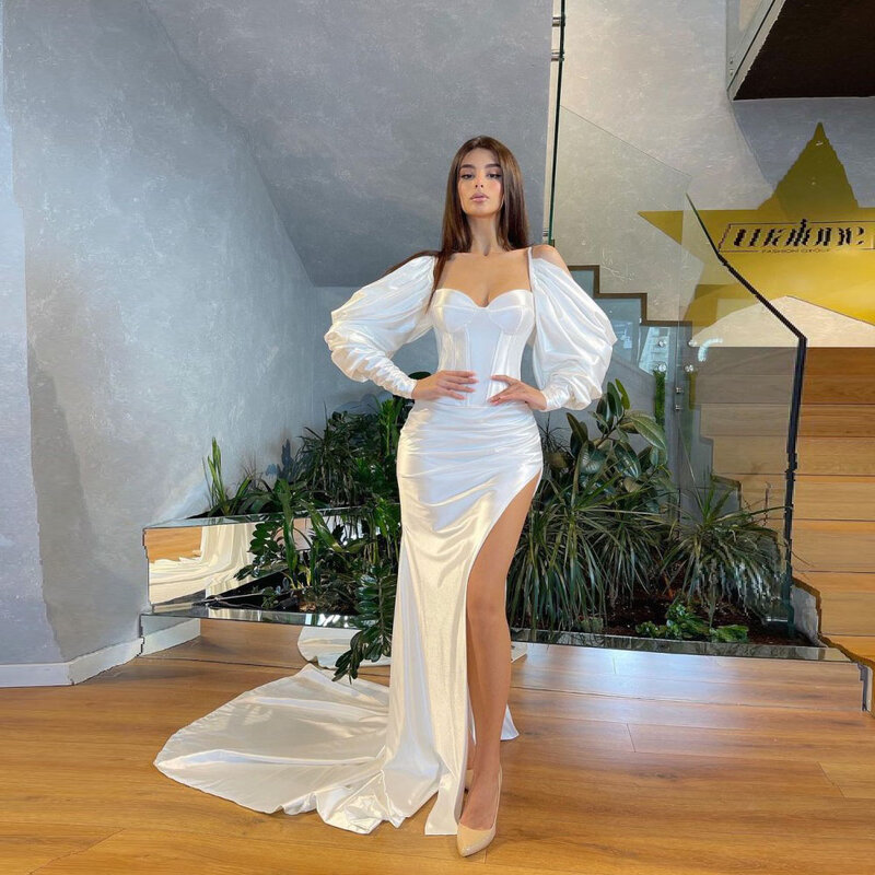 Sexy White Satin Evening Dresses Mermaid High Slit Side Puffy Long Sleeves Exposed Boning Celebrity Wedding Gowns Robe De Soiree