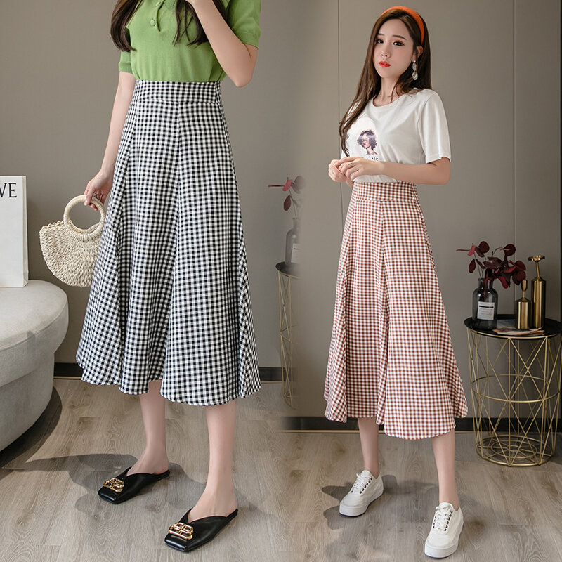 Wisher & tong 2022 primavera saias femininas estilo coreano saia xadrez de cintura alta midi vintage retro a line festa longa saia exuberante preto