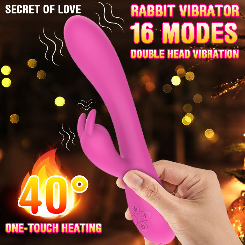กระต่ายความร้อนคู่หัว Vibrator สำหรับผู้หญิง G Spot Anal กระตุ้นช่องคลอดความร้อนที่สมจริง Vibrating Dildo ของเล่...