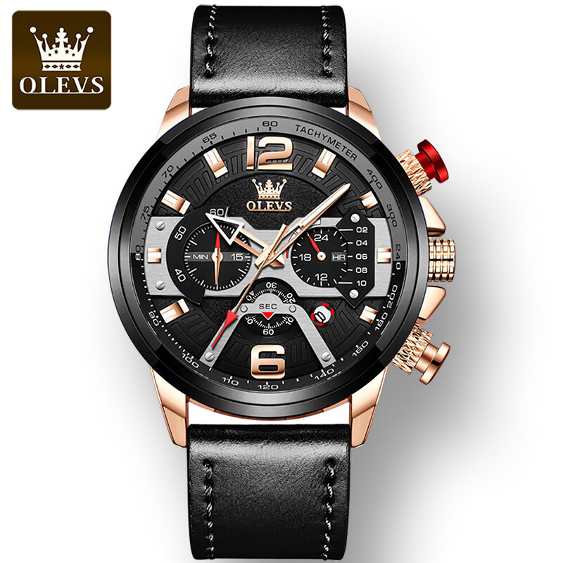 OLEVS-Reloj de pulsera de cuarzo para hombre, cronógrafo multifuncional con correa de cuero genuino, resistente al agua, esfera grande, estilo popular