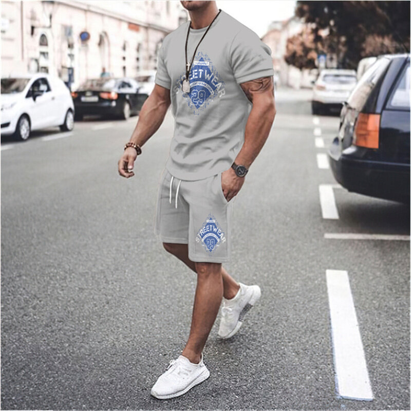 Summer New Hot Sale  Men's T Shirts Set Oversized Loose Clothes Short Sleeve Fashion Letters Printed O Collared Tees Short Set