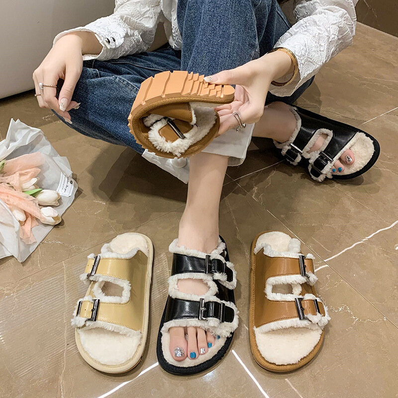 Stylish and simple flip-flops women wear autumn and winter new solid color flat lazy hair slippers