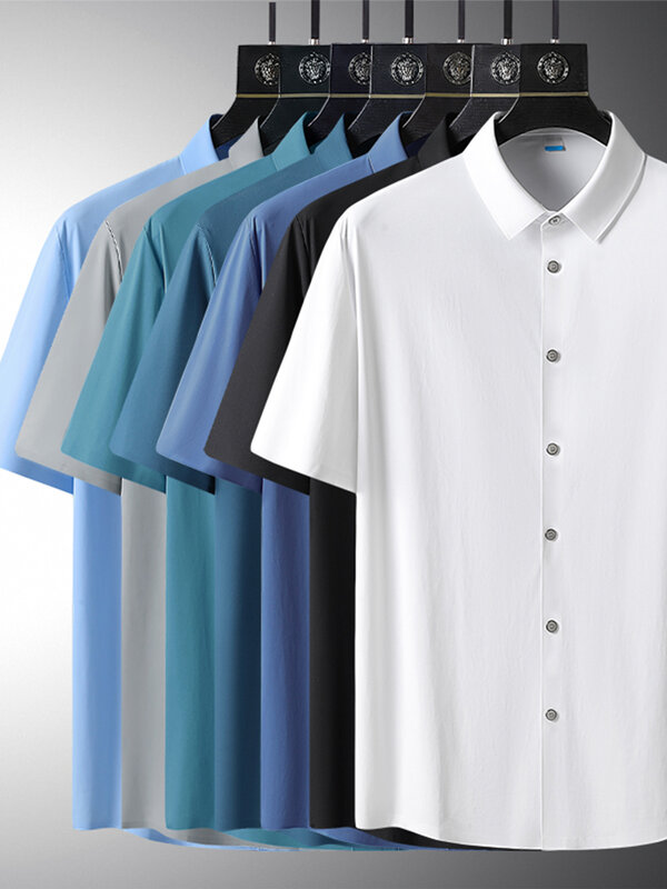Camisas de secado rápido para hombre, camisa de manga corta transpirable, de seda de nailon, sólido, informal, 8XL talla grande, Verano