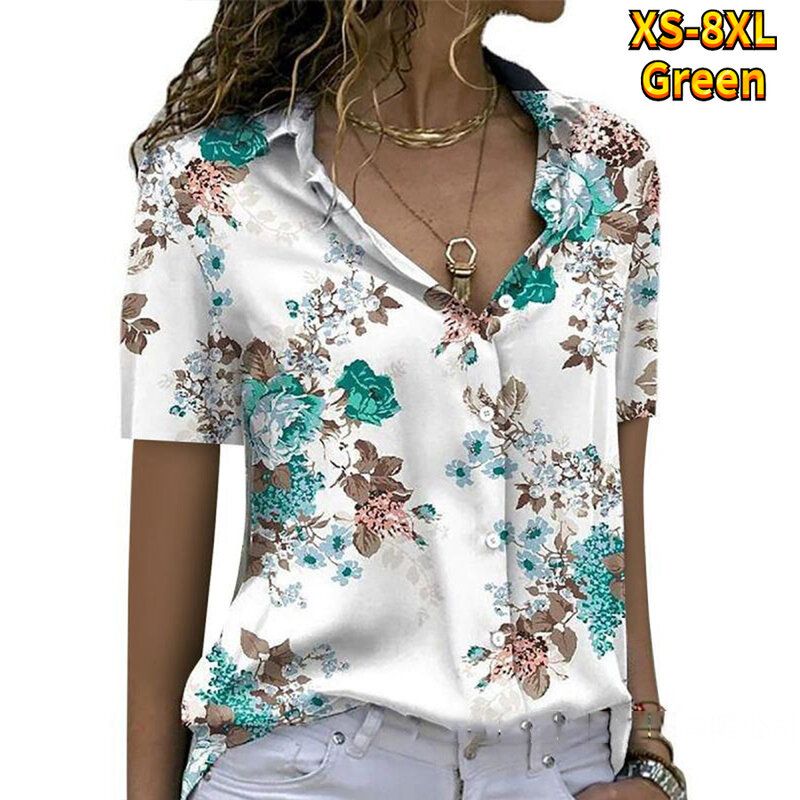 Blusa informal de manga corta con cuello en V para mujer, camisa abotonada con estampado de nuevo diseño, moda de verano, 2023