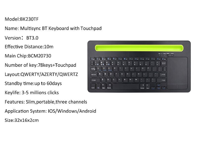 Teclado inalámbrico multifunción con Bluetooth, teclado táctil de 78 teclas para sistema operativo IOS, Windows y Android con panel táctil