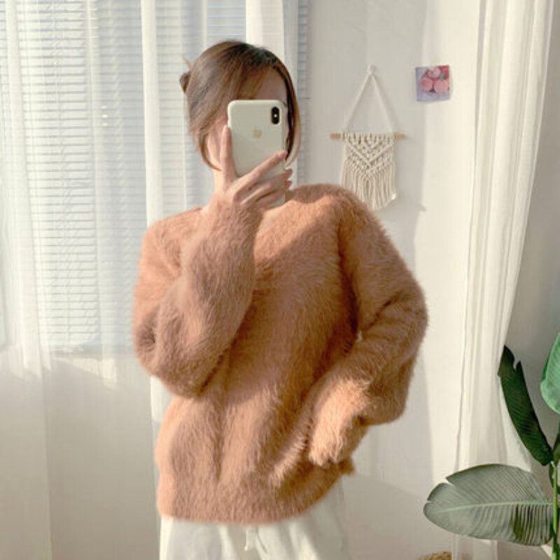 Solid Color Long Sleeve Sweaters  Jumper Loose Autumn Winter New Thickened V-neck Pullover Knitted Sweater Women Tops 513F
