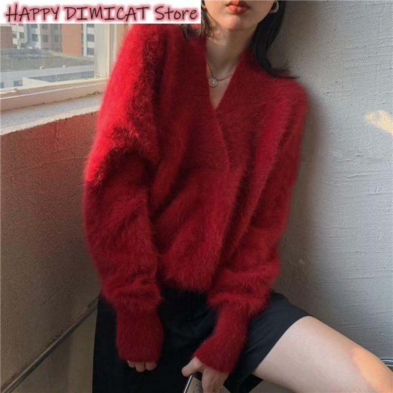 DIMI – pull en laine de vison et cachemire pour femme, tricot épais et doux, ample, col en V, élégant, collection hiver