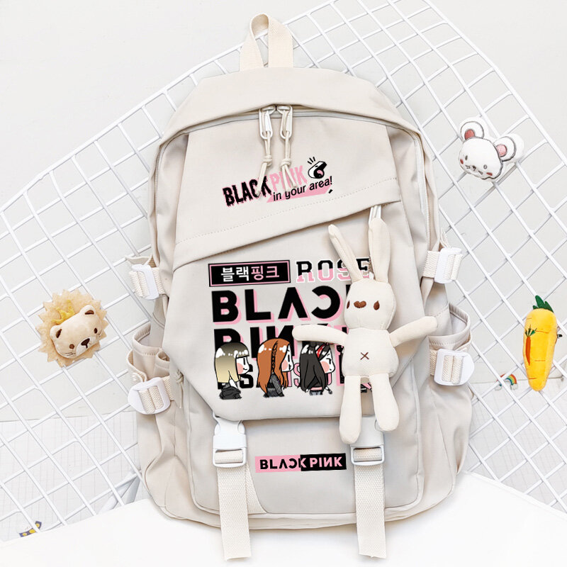 Bolso de mano con dibujos animados del grupo Kpop, mochila escolar, regalo, color negro, blanco y rosa