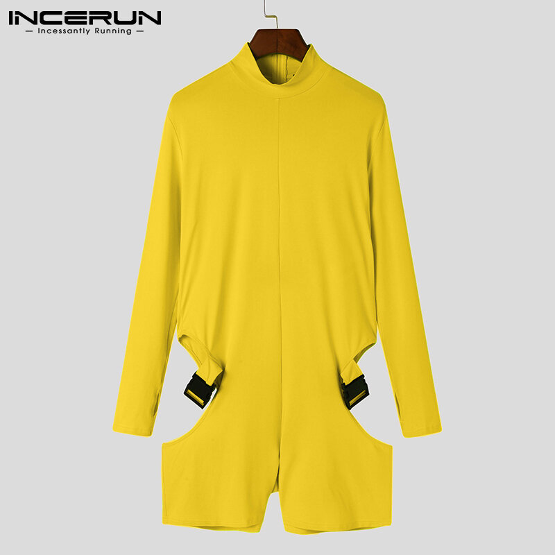 INCERUN New Men's Fashion Casual Style All-match Jumpsuits Stylish Male Solid Hollow Out Long Sleeve High Collar Bodysuits S-5XL