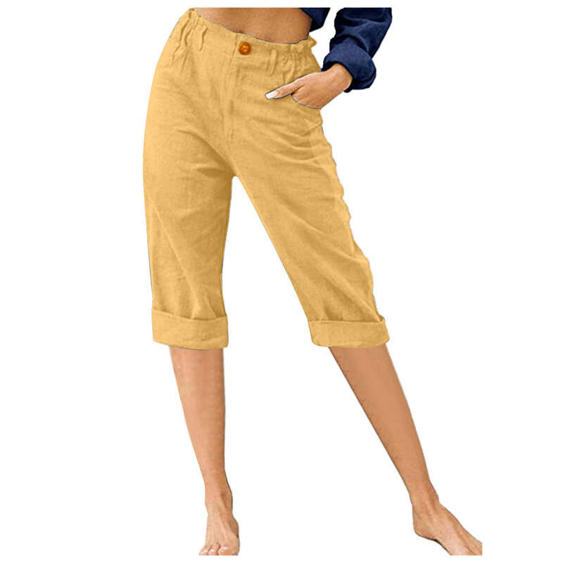 Spring and Summer Women's Capris Casual Elastic Solid Cotton Hemp Button Loose Straight Leg High Waist Middle Pants