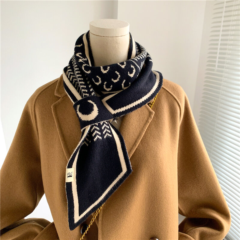 Luxury Soft Cashmere Knitted Scarf for Women Design Print Small Skinny Neck Tie Female Woolen Yarn Elasticity Kerchief Bandana