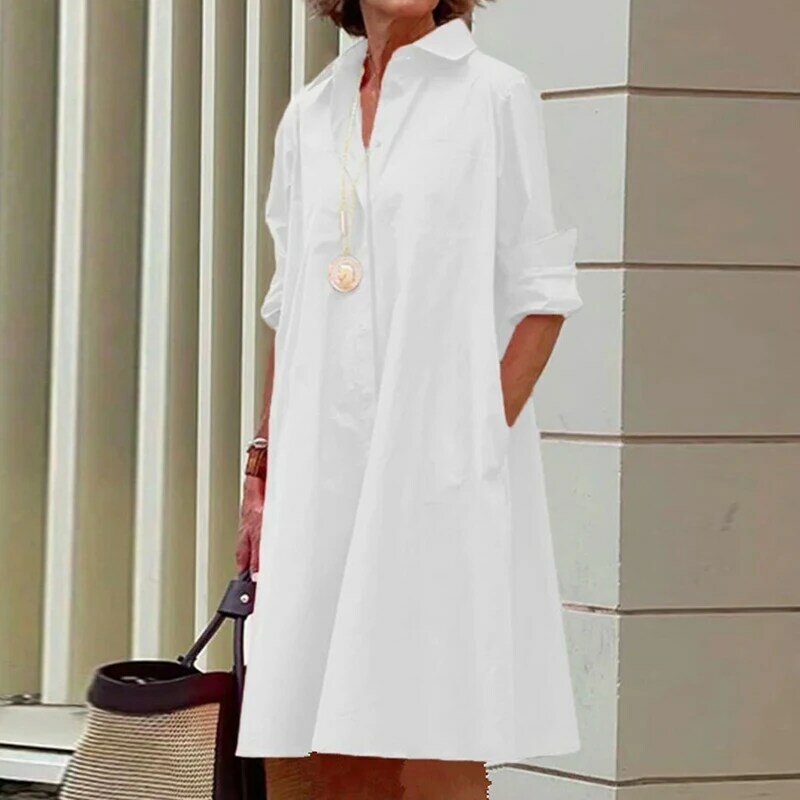 Женское однотонное мини-платье-рубашка с V-образным вырезом, повседневное свободное платье с длинным рукавом и карманами, женские элегантны...