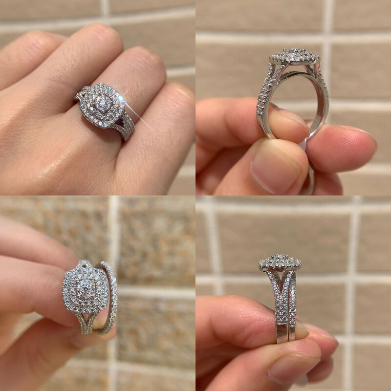 Wuziwen Solid 925 anelli di fidanzamento di nozze in argento Sterling per le donne 2 pezzi Set da sposa taglio rotondo AAAAA zircone gioielli QR5713