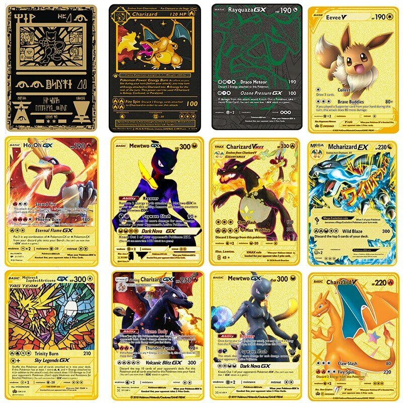 Kartu Logam Pikachu Pokemon Vmax Mewtwo Charizard Blastoise Eevee Koleksi Kartu Hadiah Mainan untuk Anak-anak