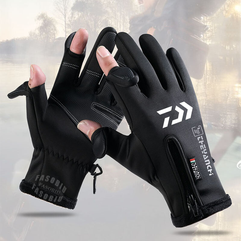 Daiwa-guantes de pesca de dos dedos para hombre, manoplas de invierno para exteriores, resistentes al agua, con pantalla táctil, gruesos y antideslizantes, de dedo completo