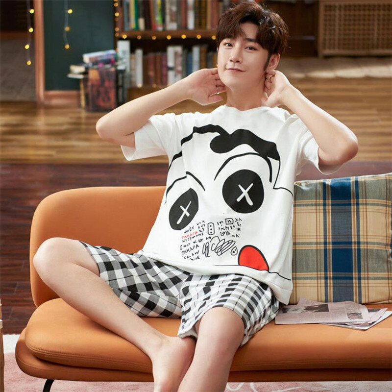 Summer Pajamas For Mens Pure Cotton 2Pack Home Clothes One Piece Print Loungewear 4XL 5XL Hombre Pyjama Anime Nightwear Suits