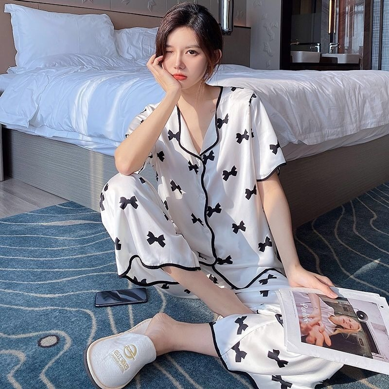 Pijama feminino estampado com laço xej, pijama kawaii, para mulheres, de verão, roupa para dormir, roupa de dormir feminina