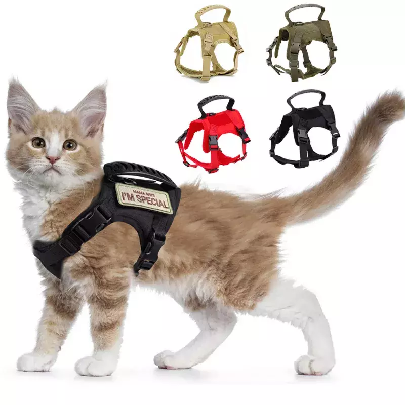 Arnés táctico para gatos, chaleco militar ajustable, hebilla de liberación rápida para entrenamiento de caminar, correa de nailon, suministros para gatos