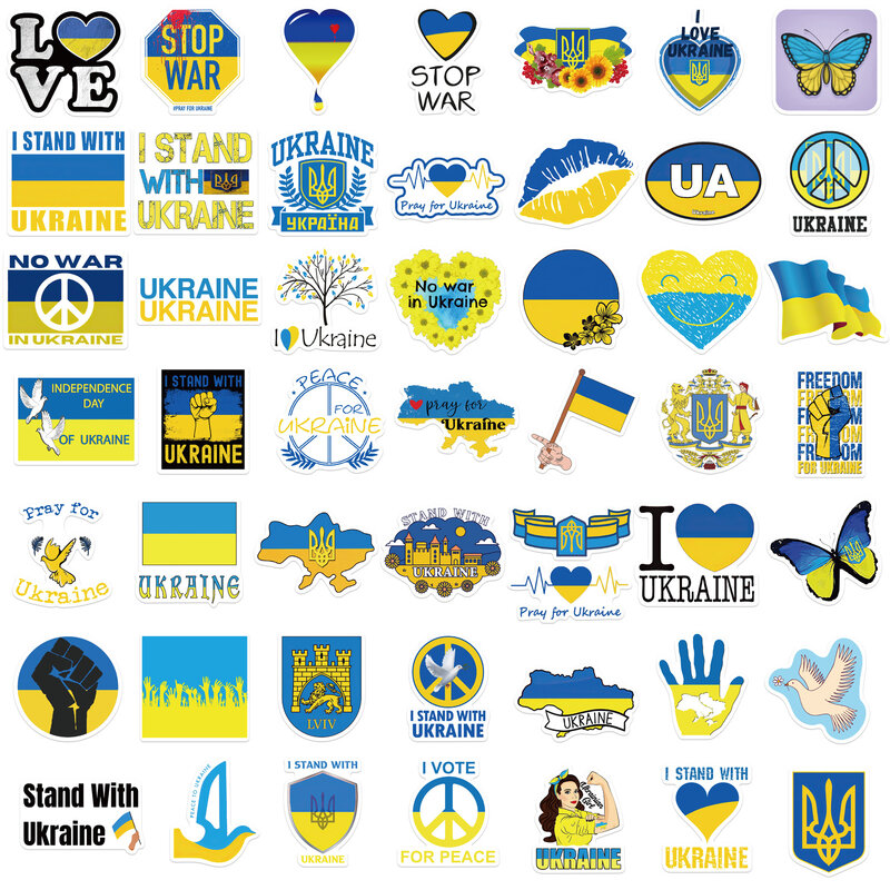 Autocollants de la paix de l'Ukraine pour enfants, valise, bagage, ordinateur portable, skateboard, sensation nationale, bleu, jaune, jouets cadeaux, 10 pièces, 50 pièces