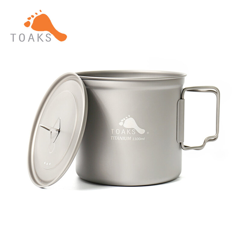 TOAKS Pure Titanium POT-1100 Cup Ultralight Outdoor Camping Mug with Lid and Foldable Handle Hiking Tableware 1100ml 136g